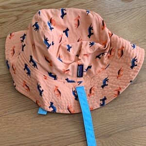 Patagonia Kids Dinosaur Print bucket sun Hat - Peach and Blue reversible